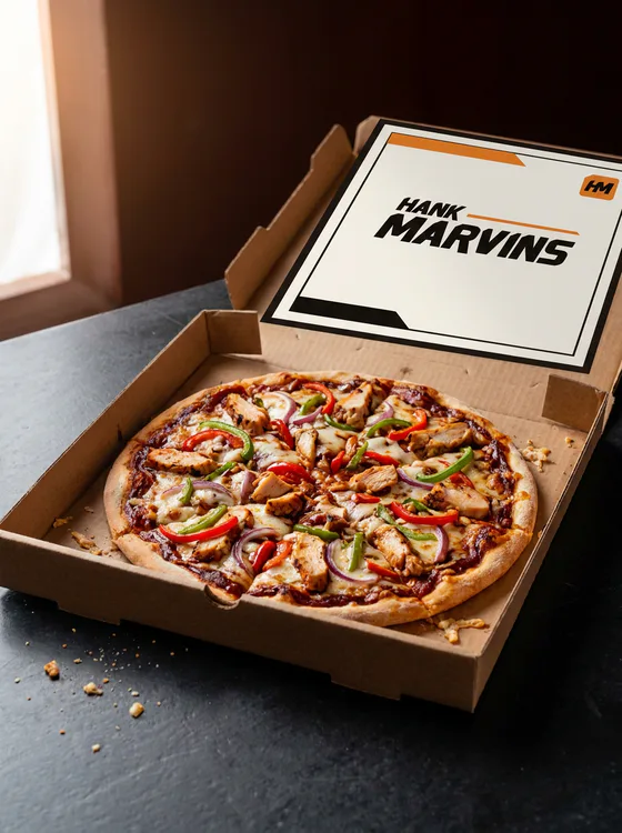 BBQ chicken, served in Hank Marvins packaging