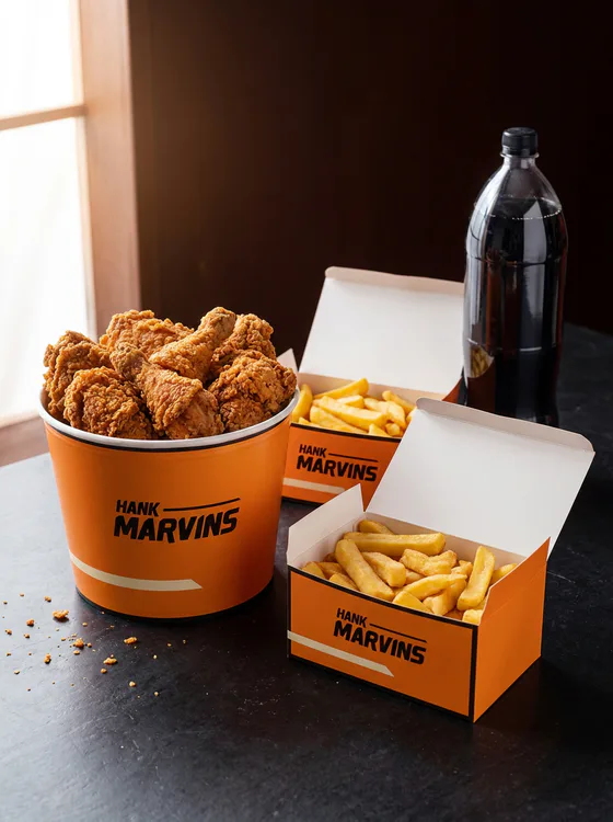 Family chicken bucket, served in Hank Marvins packaging