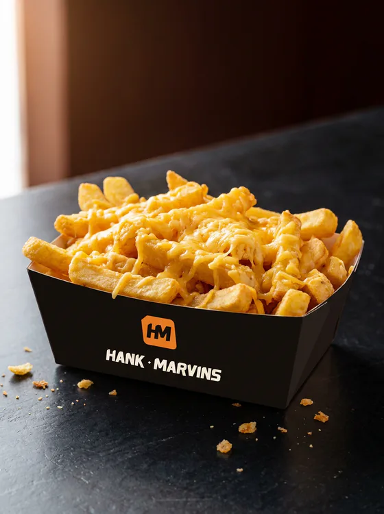 Cheesy chips, served in Hank Marvins packaging