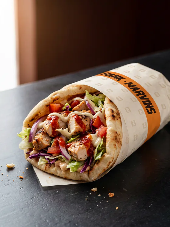 Chicken kebab, served in Hank Marvins packaging