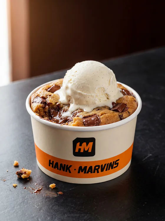 Warm cookie dough, served in Hank Marvins packaging