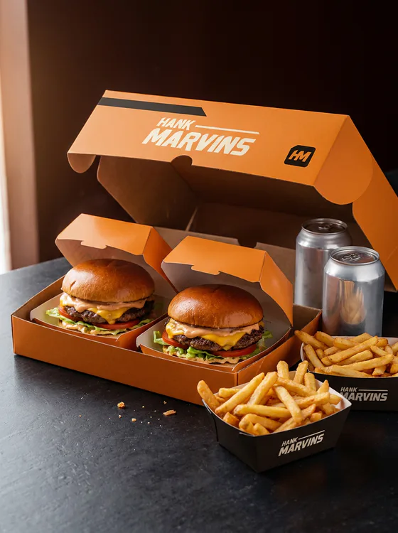 Burger deal for two, served in Hank Marvins packaging