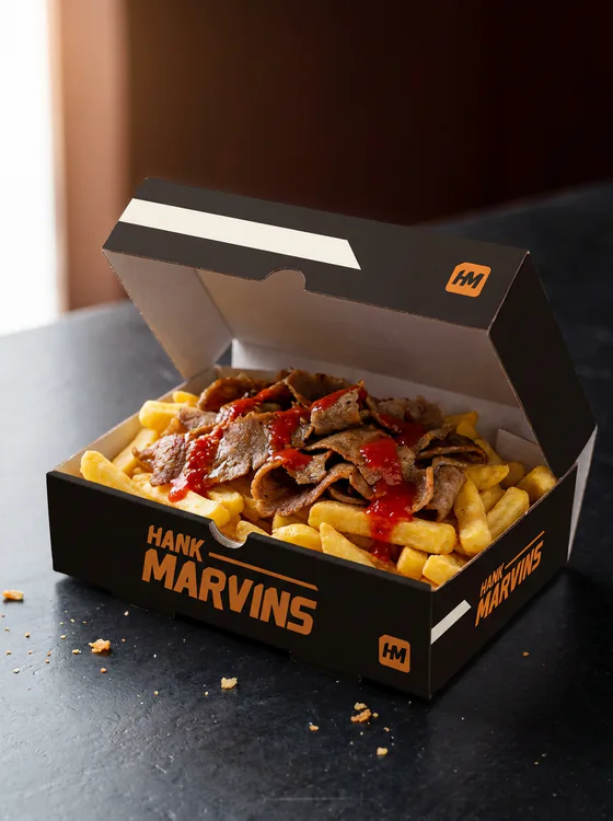 Donner meat & chips, served in Hank Marvins packaging