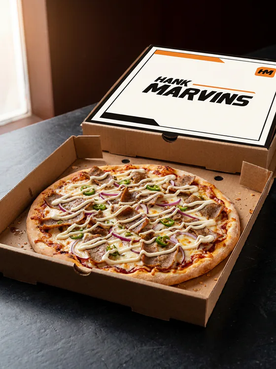 Donner pizza, served in Hank Marvins packaging