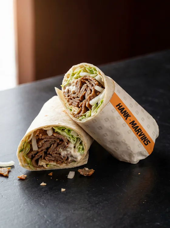 Donner wrap, served in Hank Marvins packaging