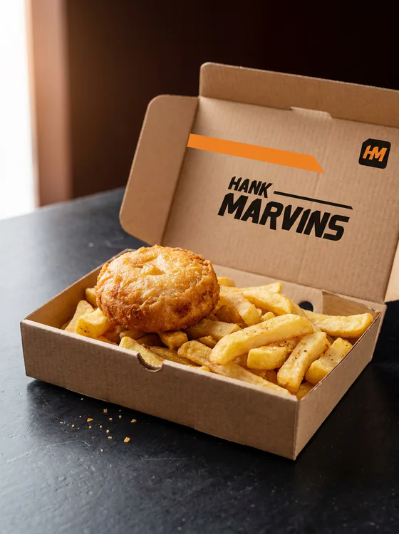 Fishcake & chips, served in Hank Marvins packaging