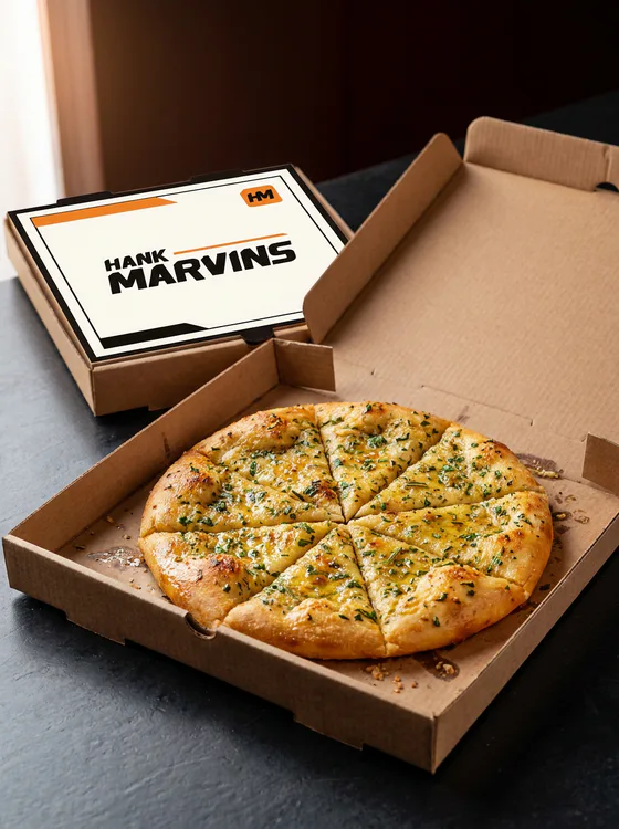 Garlic pizza bread, served in Hank Marvins packaging