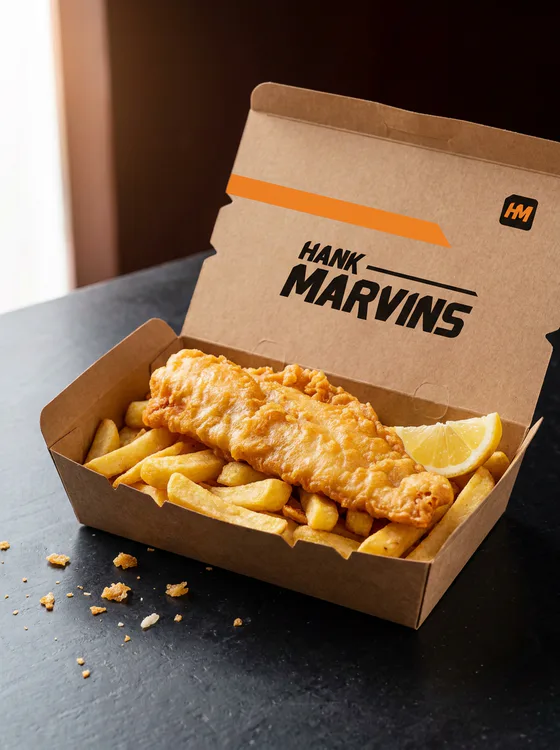 Haddock & chips, served in Hank Marvins packaging