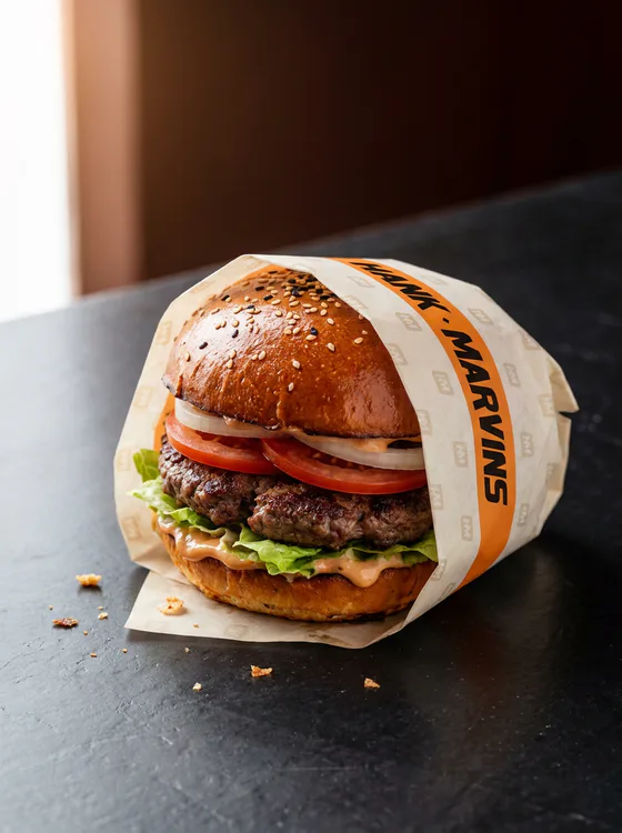 ¼lb burger, served in Hank Marvins packaging
