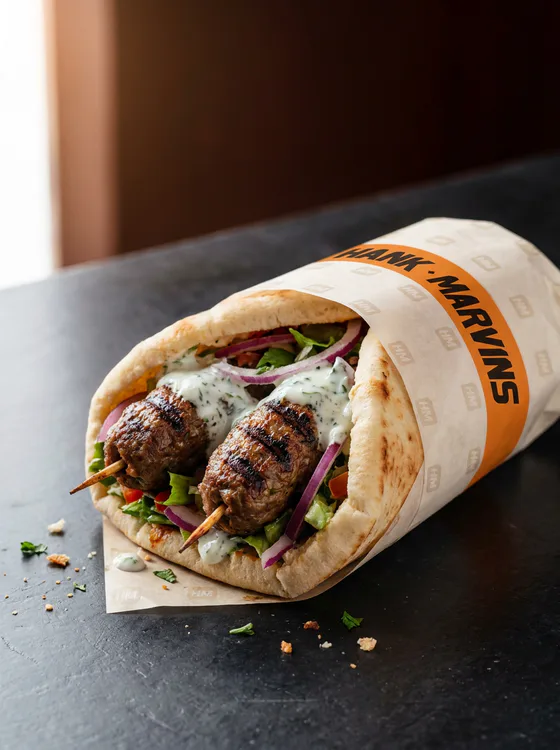 Kofte kebab, served in Hank Marvins packaging