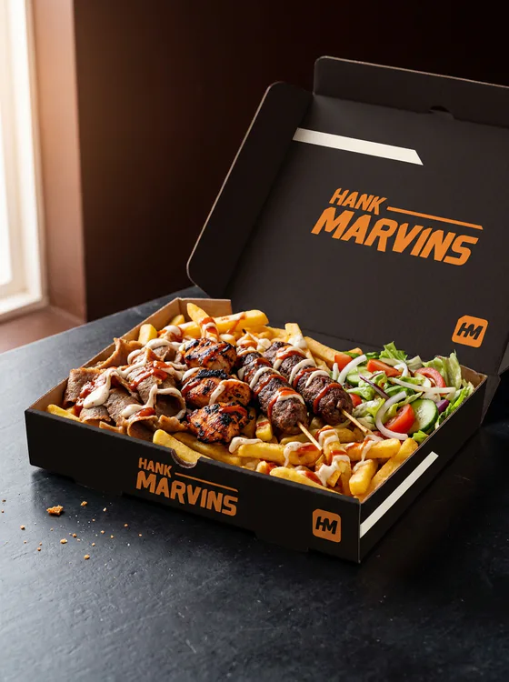 Loaded kebab box, served in Hank Marvins packaging