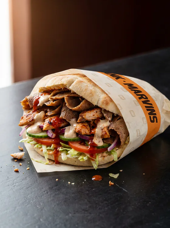Mixed kebab, served in Hank Marvins packaging