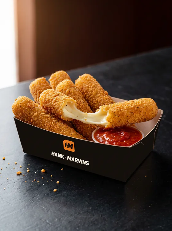 Mozzarella sticks, served in Hank Marvins packaging
