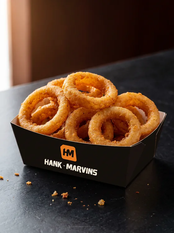 Onion rings, served in Hank Marvins packaging