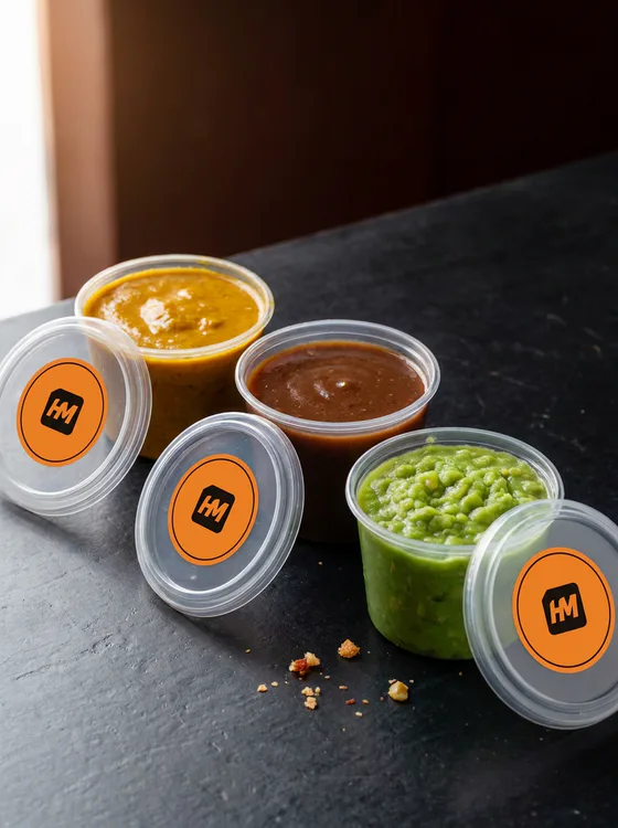 Curry, gravy or mushy peas, served in Hank Marvins packaging