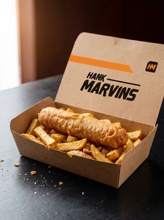 Battered sausage & chips, served in Hank Marvins packaging