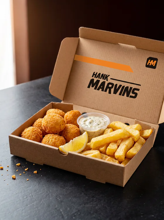 Scampi & chips, served in Hank Marvins packaging