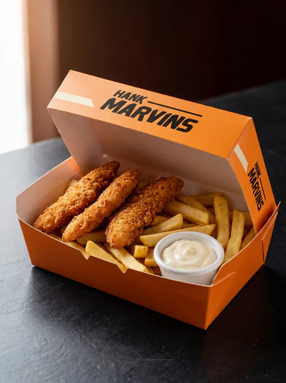 Chicken strips, served in Hank Marvins packaging