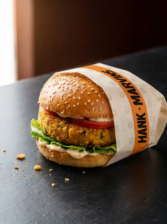 Veggie burger, served in Hank Marvins packaging