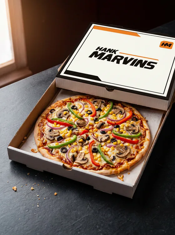 Veggie supreme, served in Hank Marvins packaging